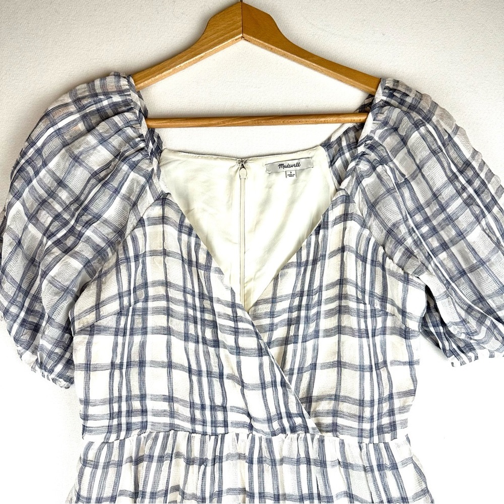 Madewell Puff Sleeve Faux Wrap Tiered Midi Dress Plaid Cottagecore - Picture 5 of 10